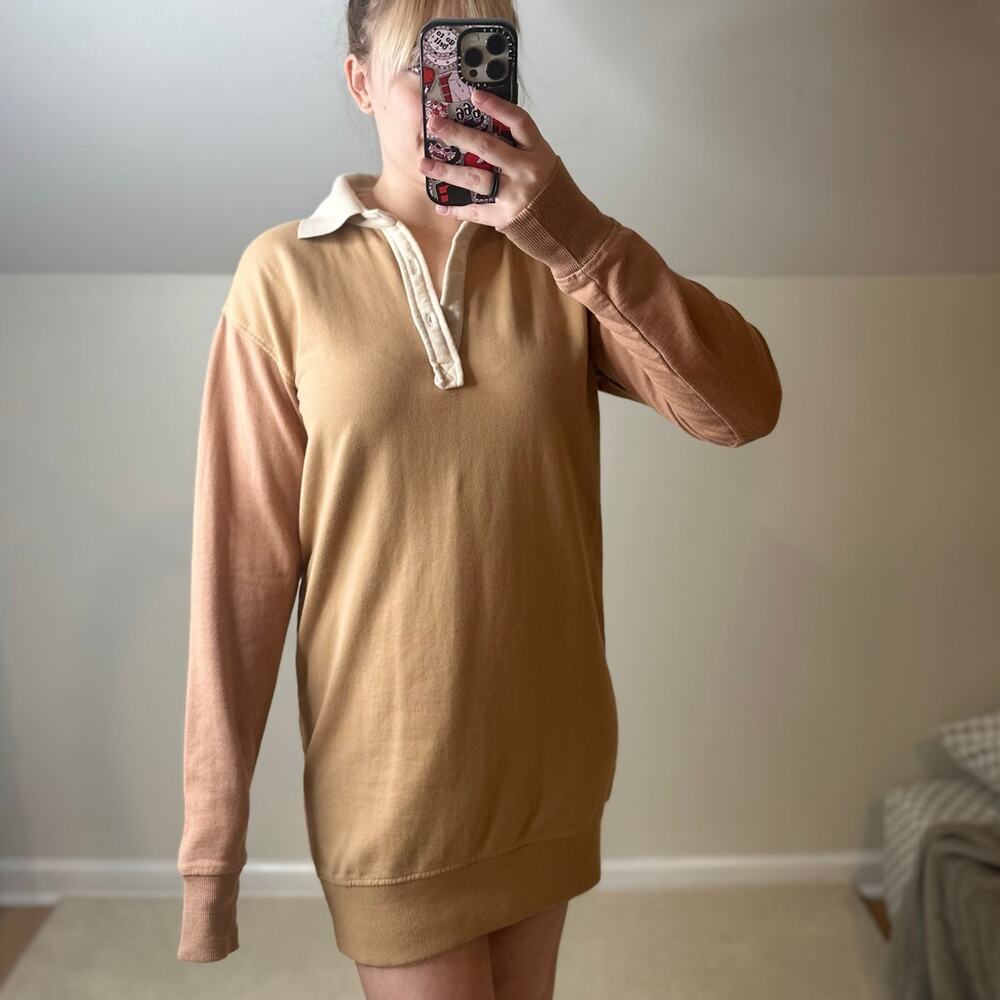 Threadbare: Neutral Color Blocked Polo Sweatshirt Dress